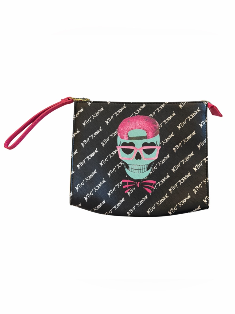Betsey Johnson Wristlet Clutch Purse w/punk Skull 10"x9"x2" pink black